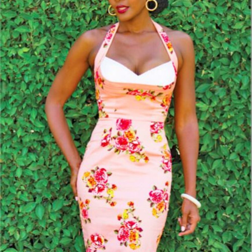 Stop Staring CoverGirl floral peach halter dress